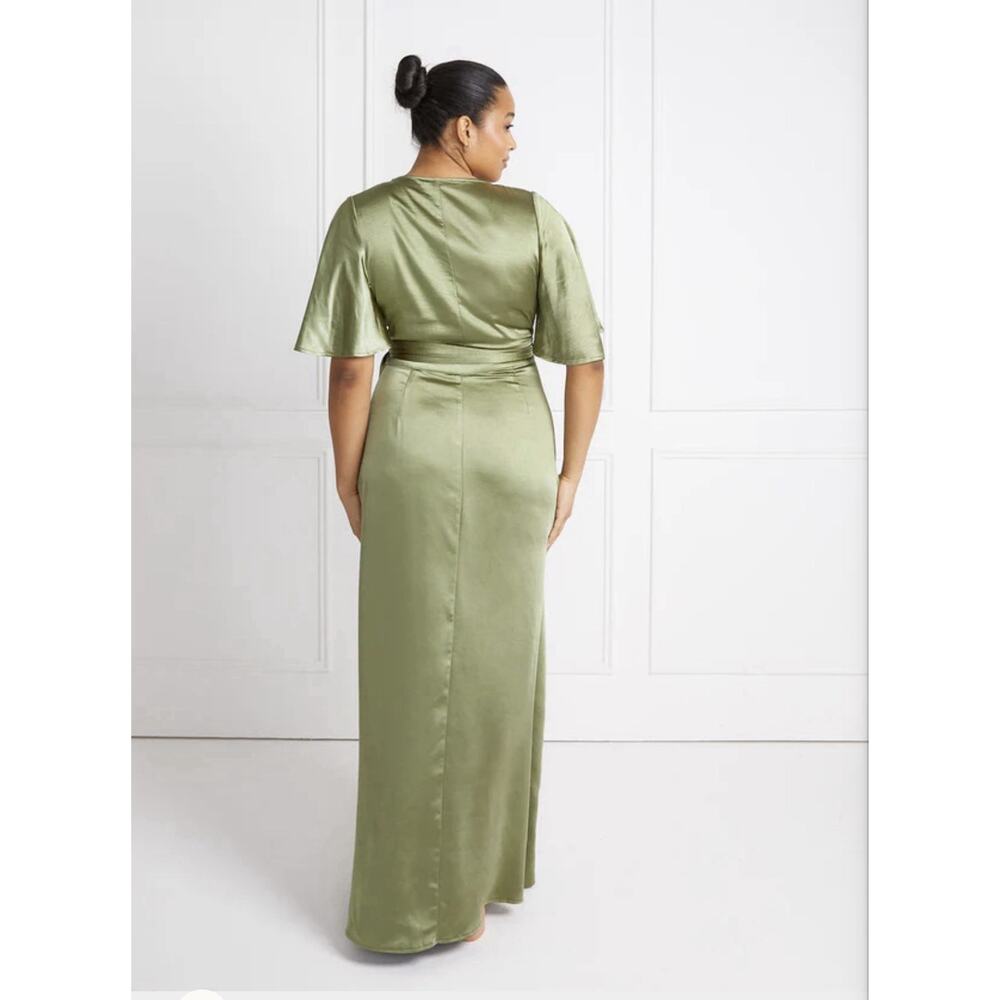 Six Stories Sage Green Satin Wrap Maxi Dress Women Uk 22 Flutter Sleeve Nwt $199 — image 2 of 8